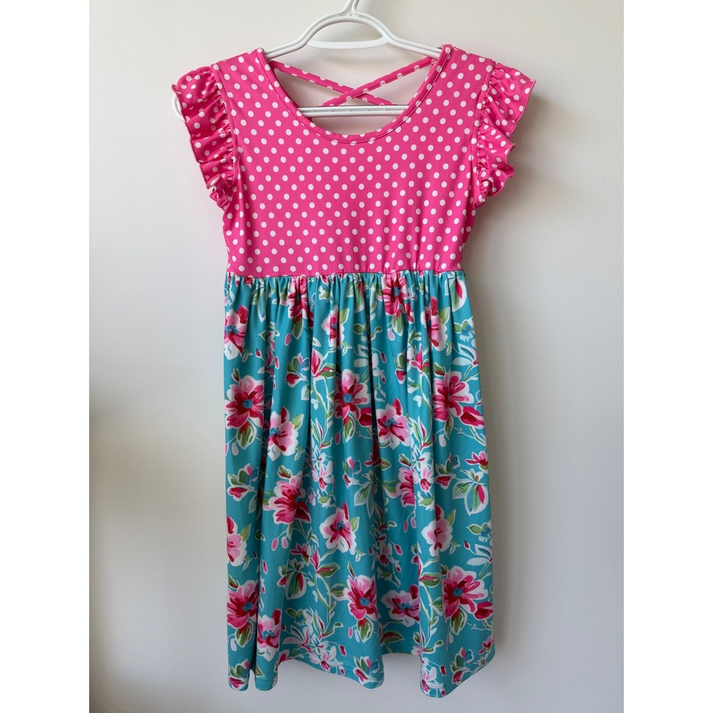 Oopsie Daisy Boutique Girls Pink Polka Dot Floral Flutter Sleeve Dress Size 10